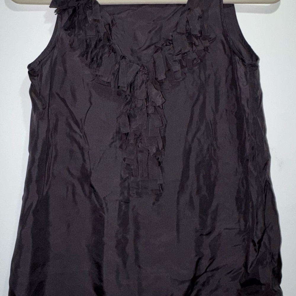 J. Crew Petite 100% Silk Black Ruffle/ Fringe V-Neck Too VGUC 0P - Picture 2 of 6
